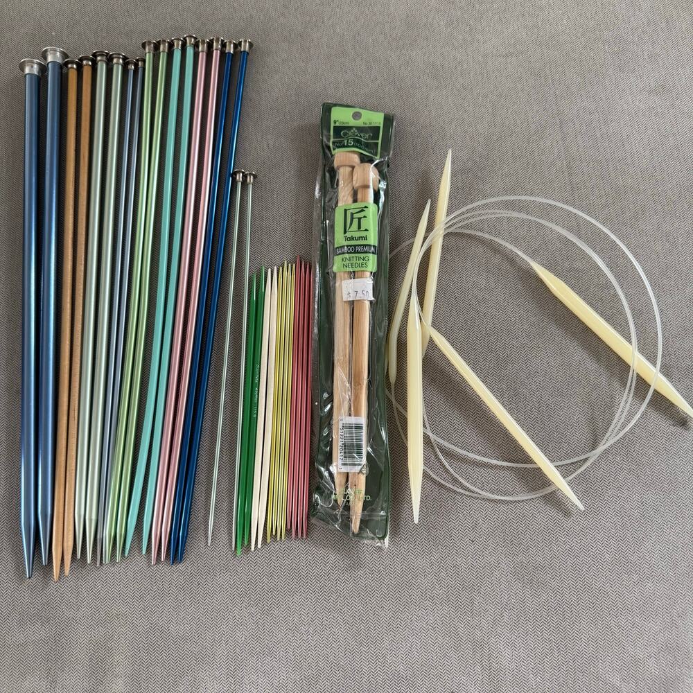 Mixed Lot Knitting Needles Straight Circular Double Pointed Bamboo Metal Vintage
